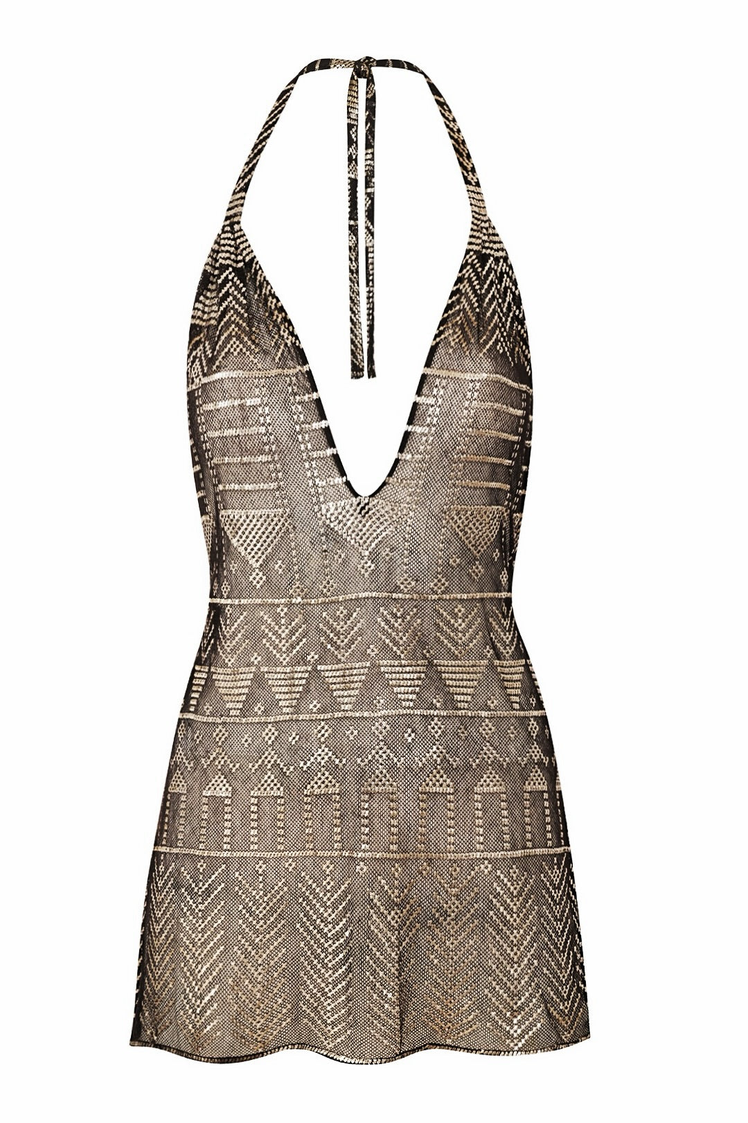 1920's Egyptian Black Geometric Halter Mini Dress