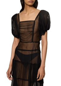 1930s Black Sheer Silk Tiered Gown with Voluminous Sleeves