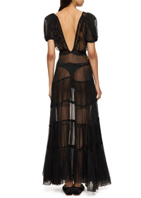 1930s Black Sheer Silk Tiered Gown with Voluminous Sleeves