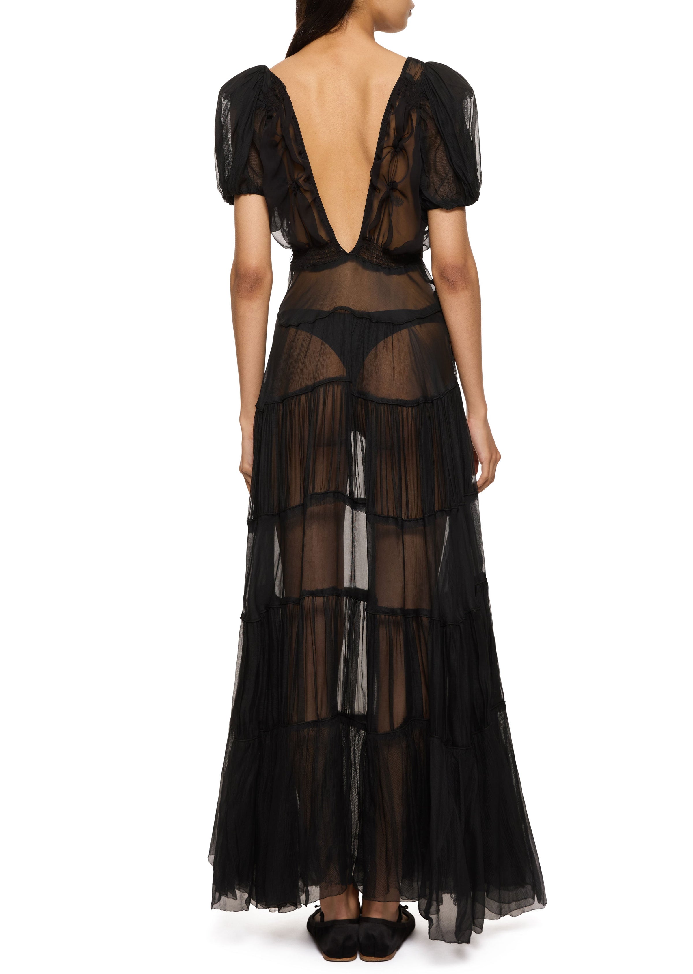 1930s Black Sheer Silk Tiered Gown with Voluminous Sleeves