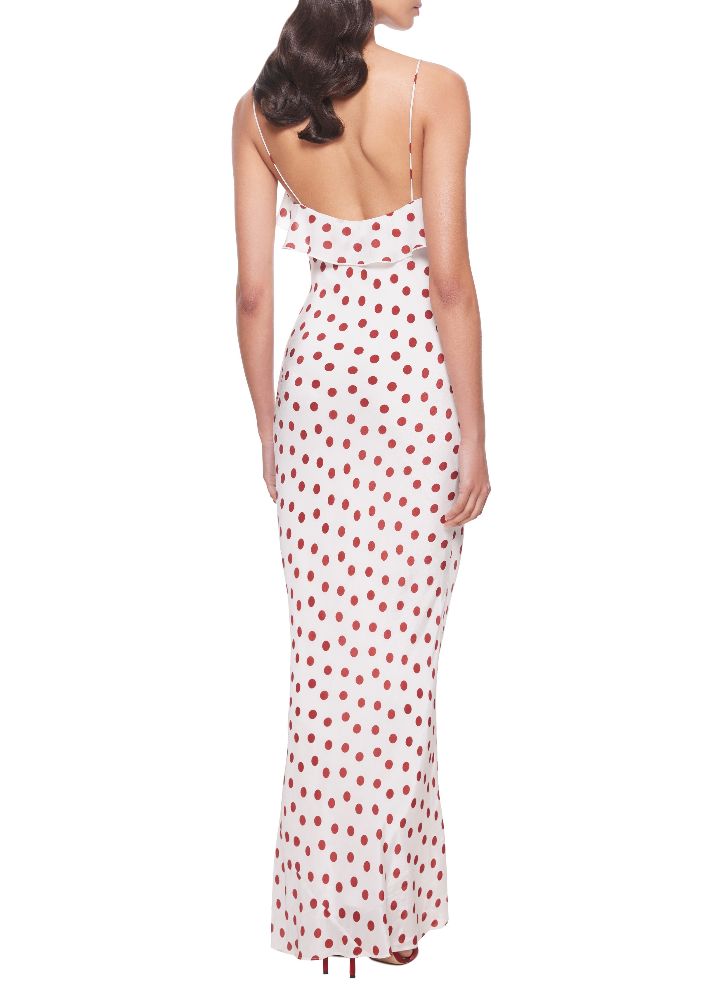 Esperanza Long Dress in Ivory Red Polka Dot