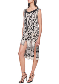 1920s Hand Beaded Swirl Patterned Fringe Dress