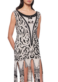 1920s Hand Beaded Swirl Patterned Fringe Dress