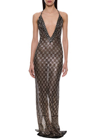 1920s Black and Silver Check Egyptian Gown