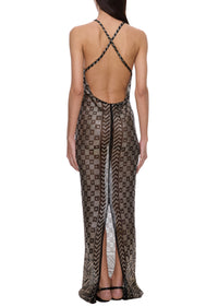 1920s Black and Silver Check Egyptian Gown
