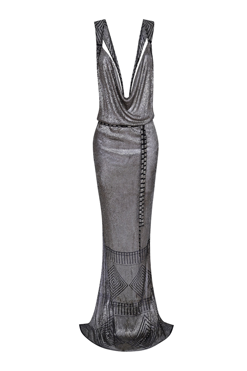 1920s Silver Egyptian Gown with Caped Sleeves
