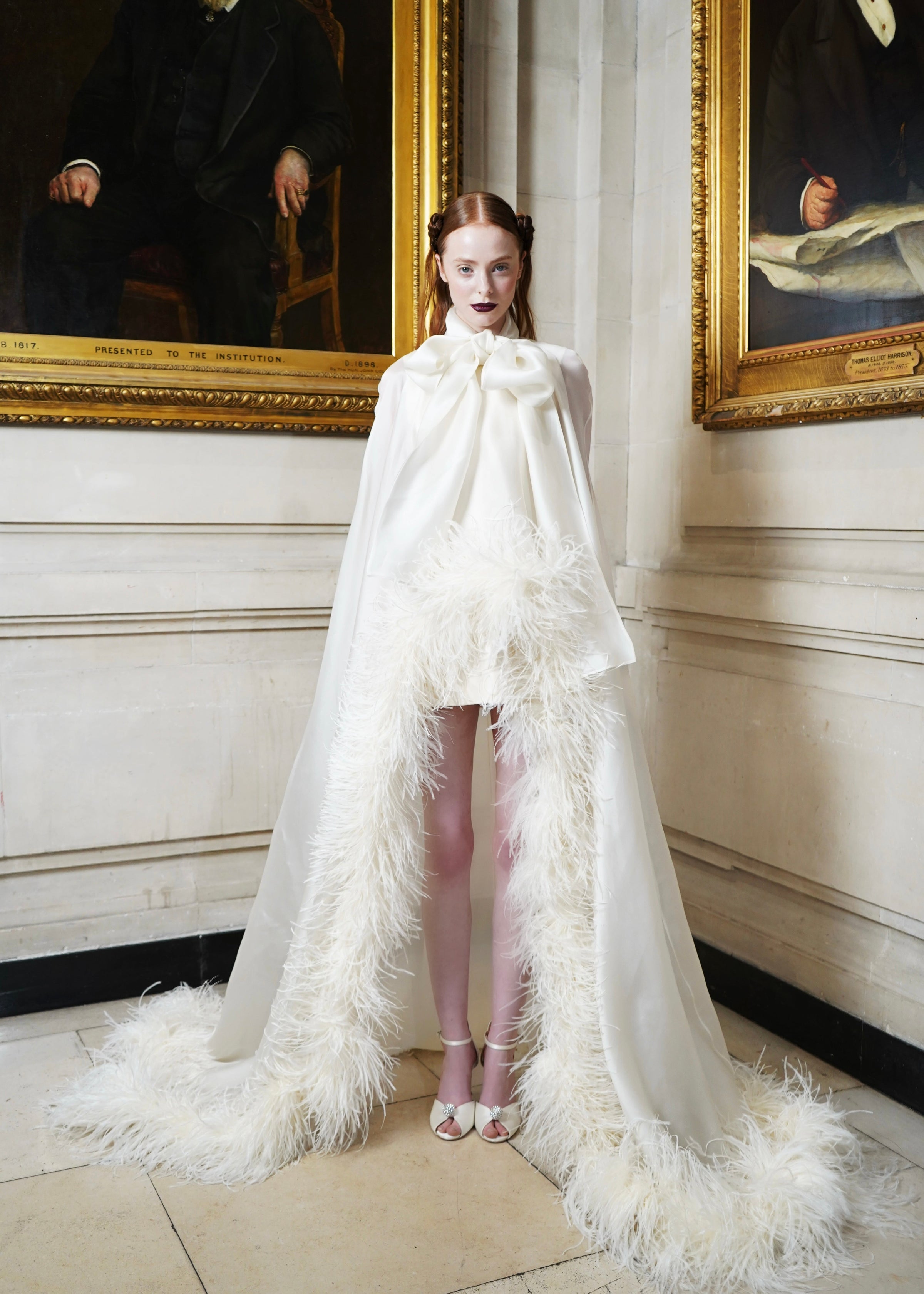 Feather Trimmed Cape with Silk Mini Underdress