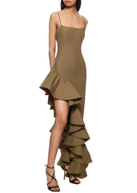 Asymmetric Dress with Flounces - Khaki