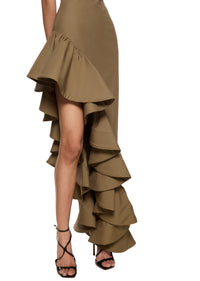 Asymmetric Dress with Flounces - Khaki