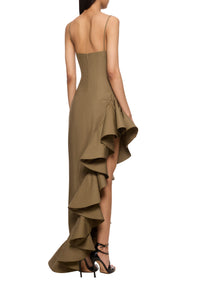 Asymmetric Dress with Flounces - Khaki