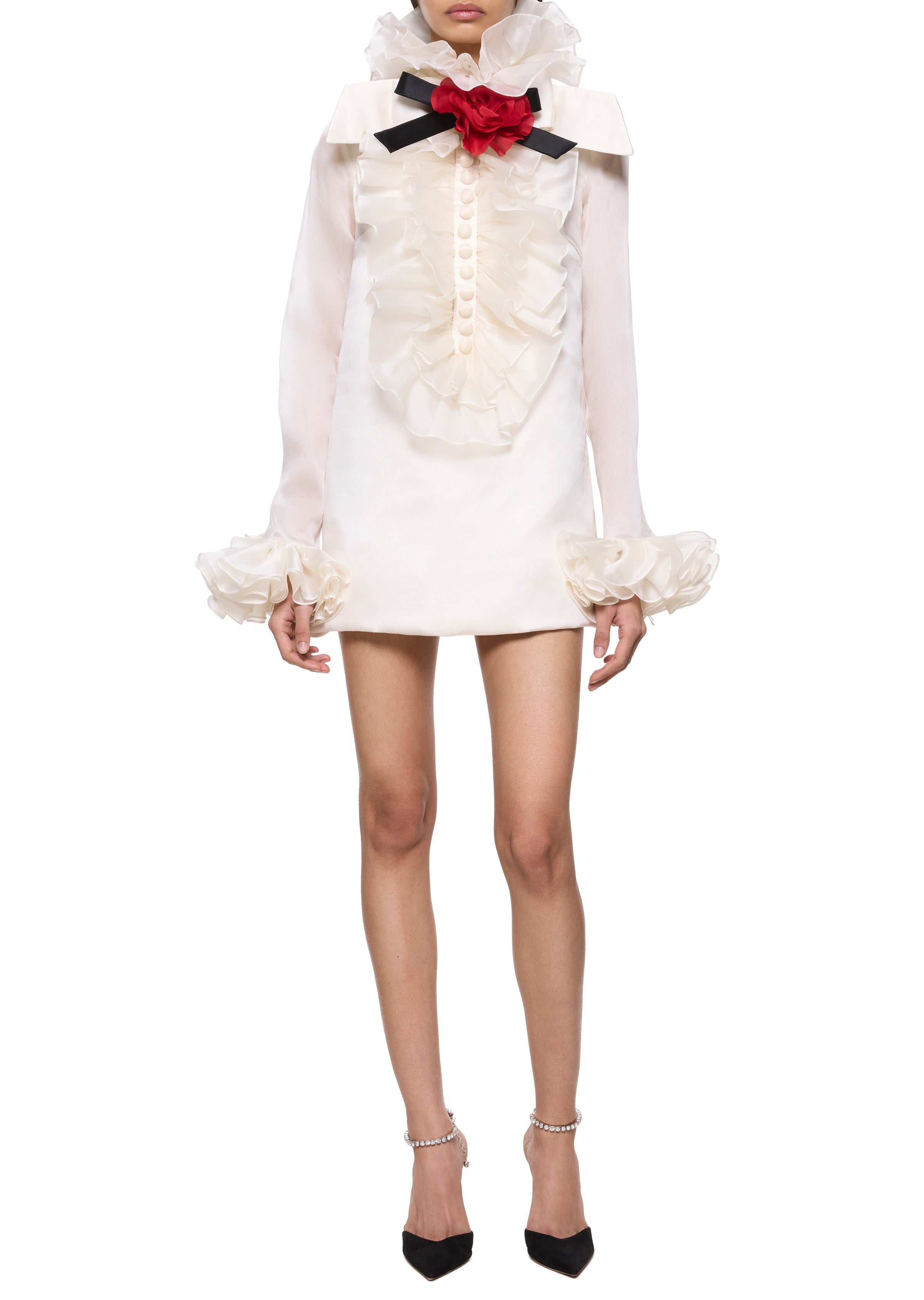 Rose Ruffle Neck Ivory Mini Dress