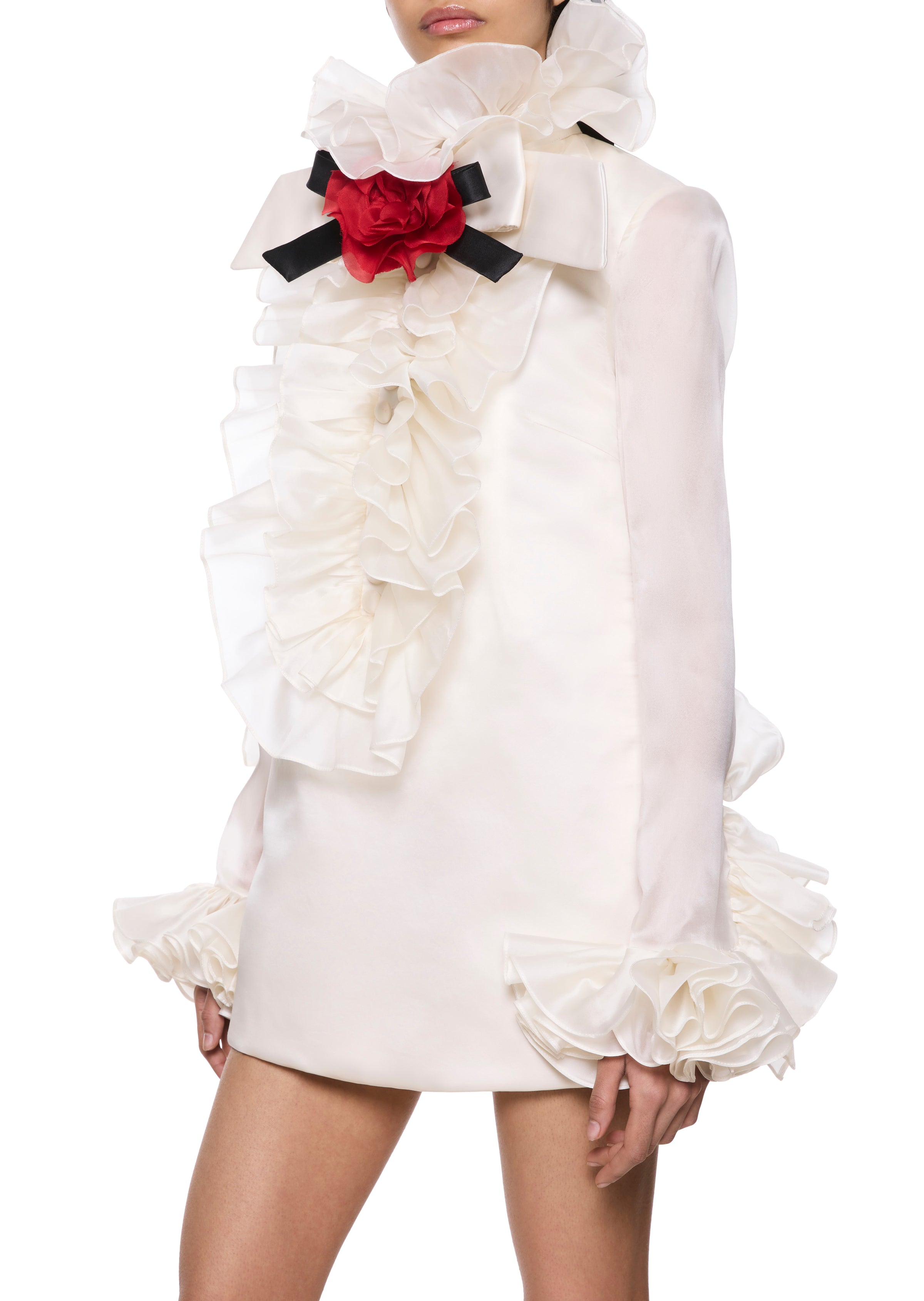 Rose Ruffle Neck Ivory Mini Dress