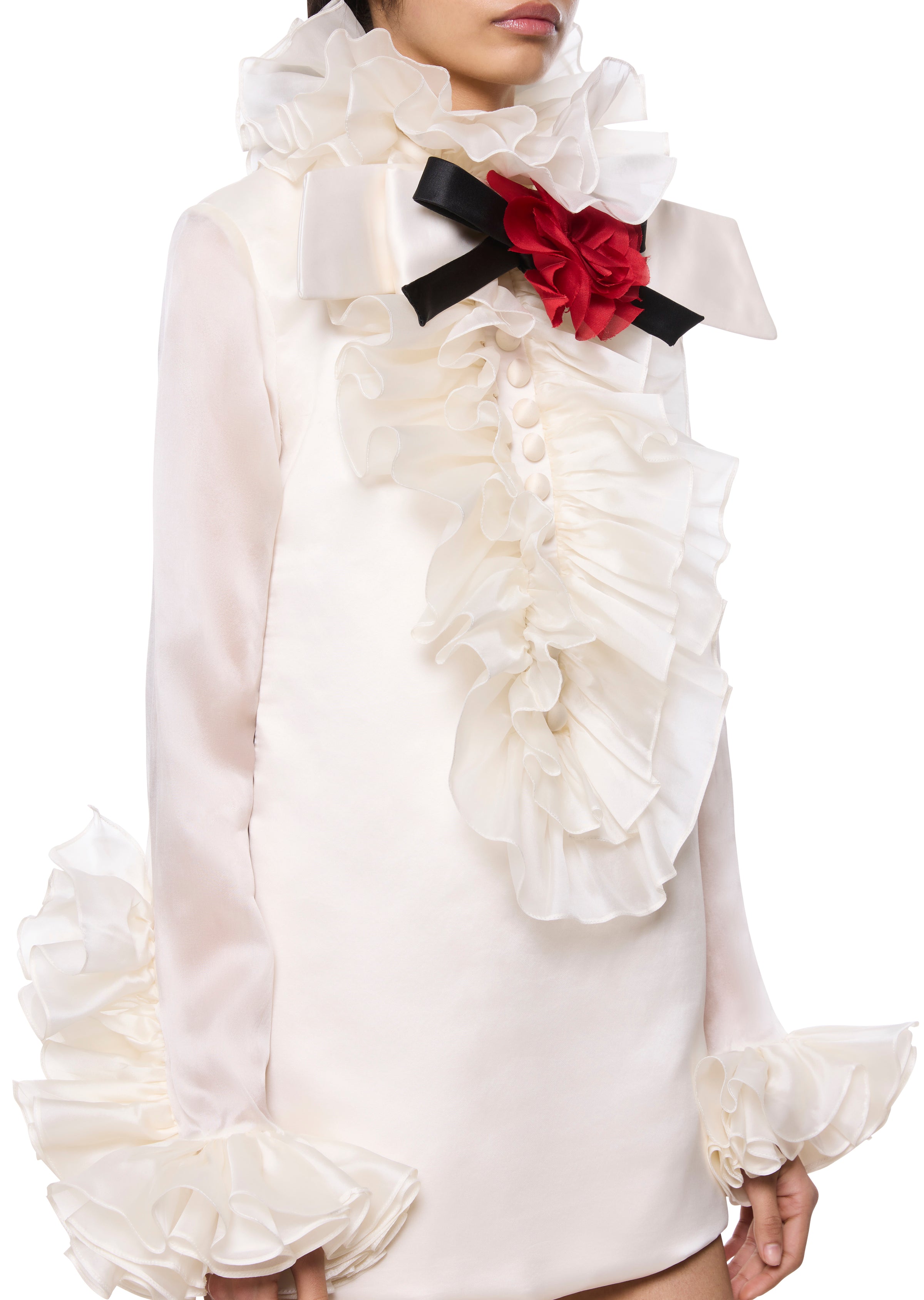 Rose Ruffle Neck Ivory Mini Dress