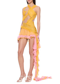 Mira Silk Ruffle Dress with Frilled Train