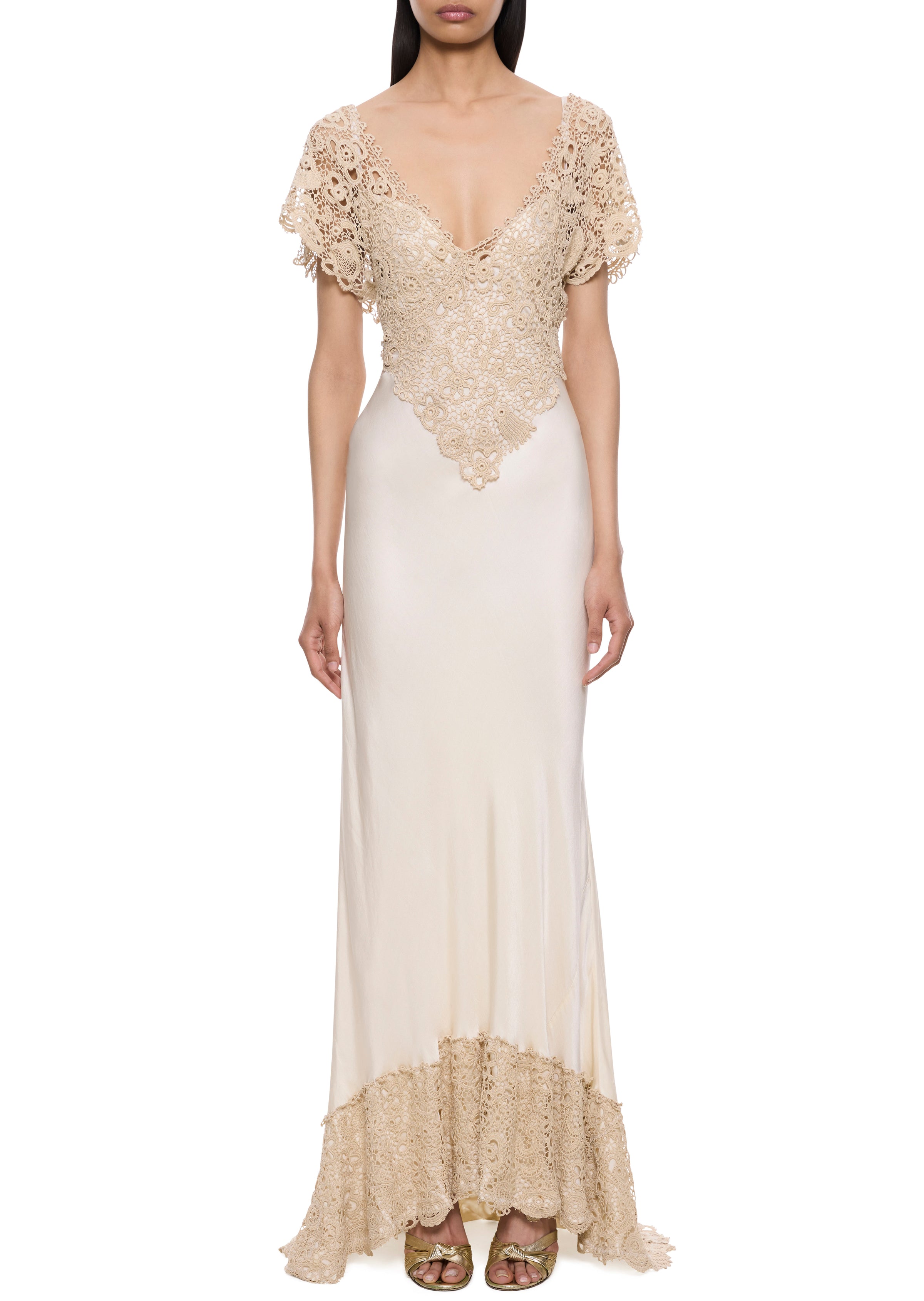 1940s Cream Silk and Crochet Gown