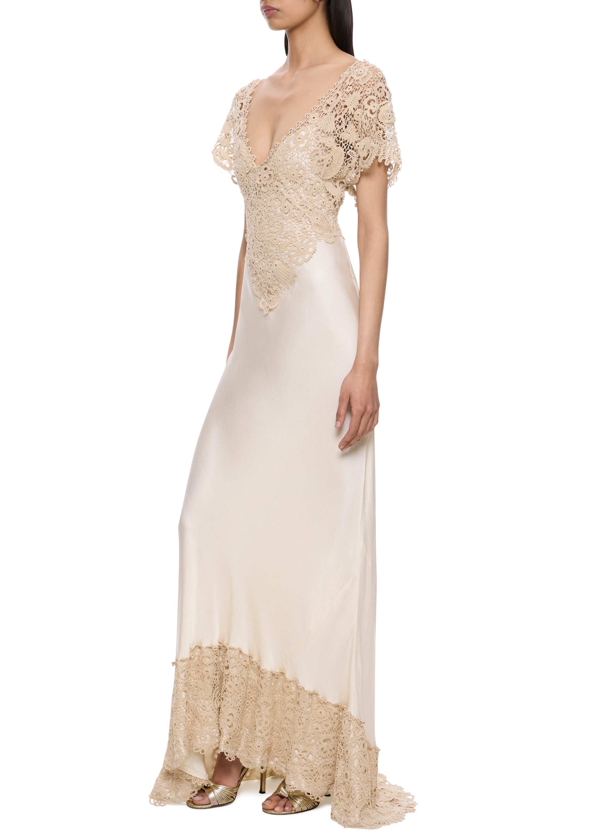 1940s Cream Silk and Crochet Gown