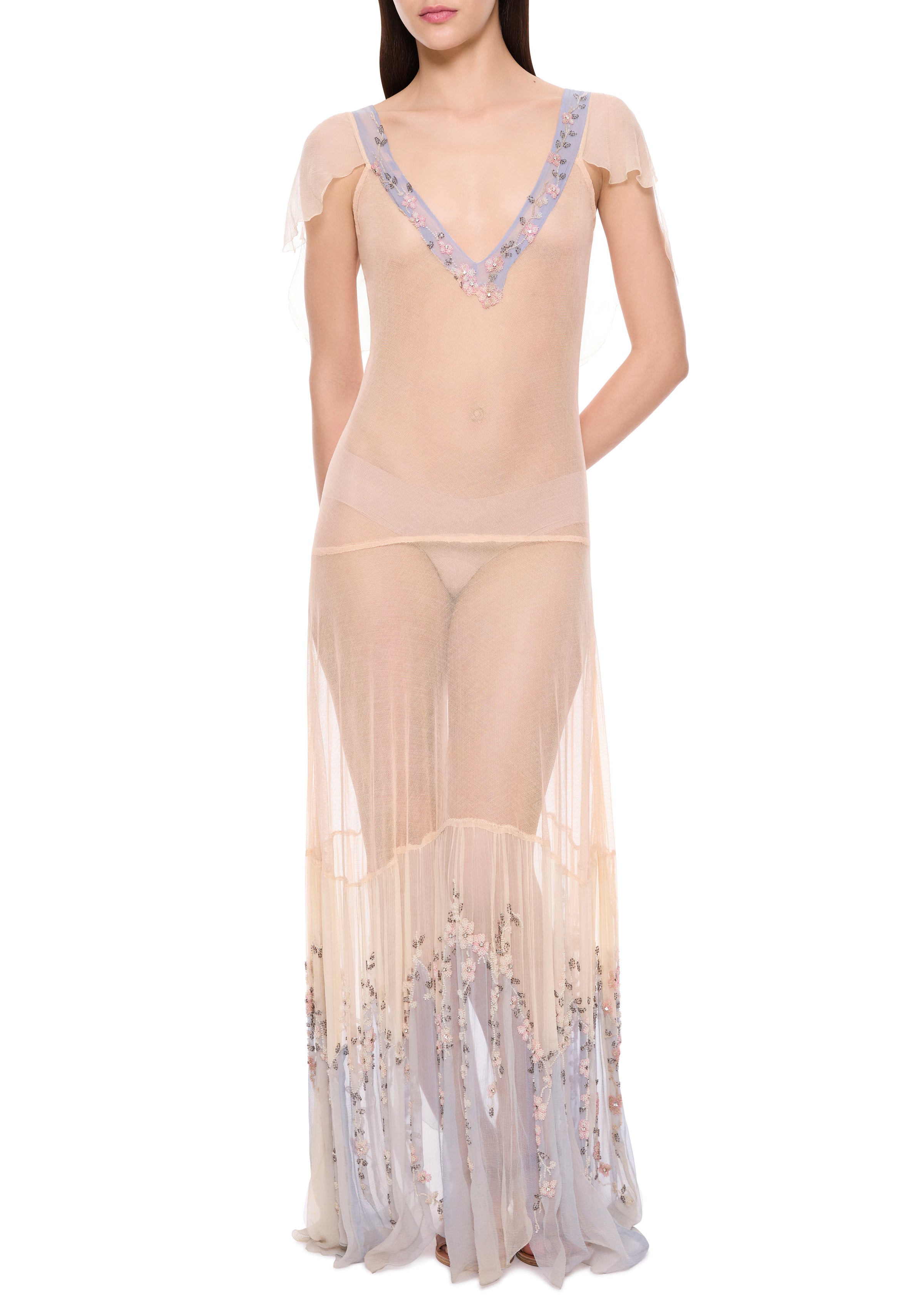 1920s Dusty Pink & Lilac Gown with Floral Detailing