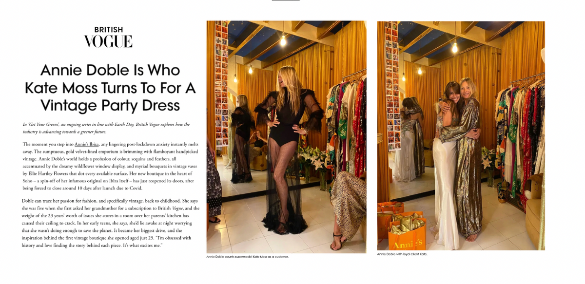 VOGUE: Annie Doble Is Who Kate Moss Turns To For A Vintage Party Dress