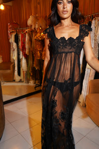 1930s Black Lace Gown with Scalloped Straps