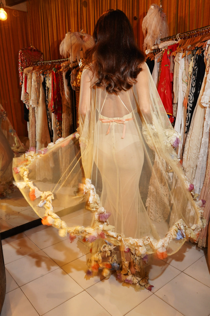 1940s Floral Appliquéd Gown with Sheer Overlay