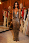 1920s Silver Geometric Chevron Egyptian Gown