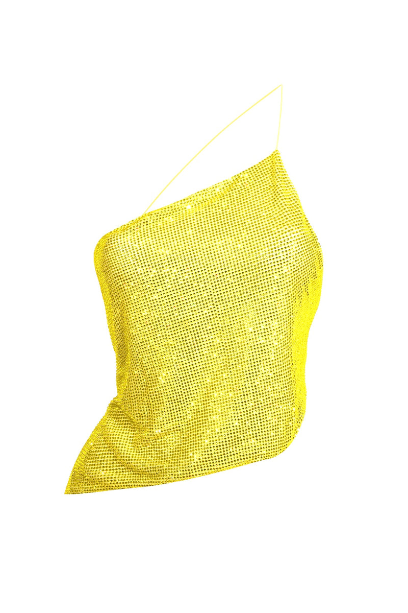 Cropped Crystal Mesh Top- Yellow