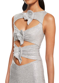 Cut-Out Crystal Mini Dress with Floral Details - Silver