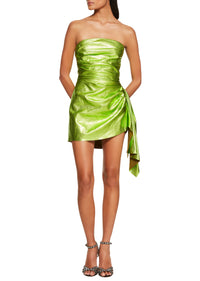 Metallic Green Draped Leather Mini Dress