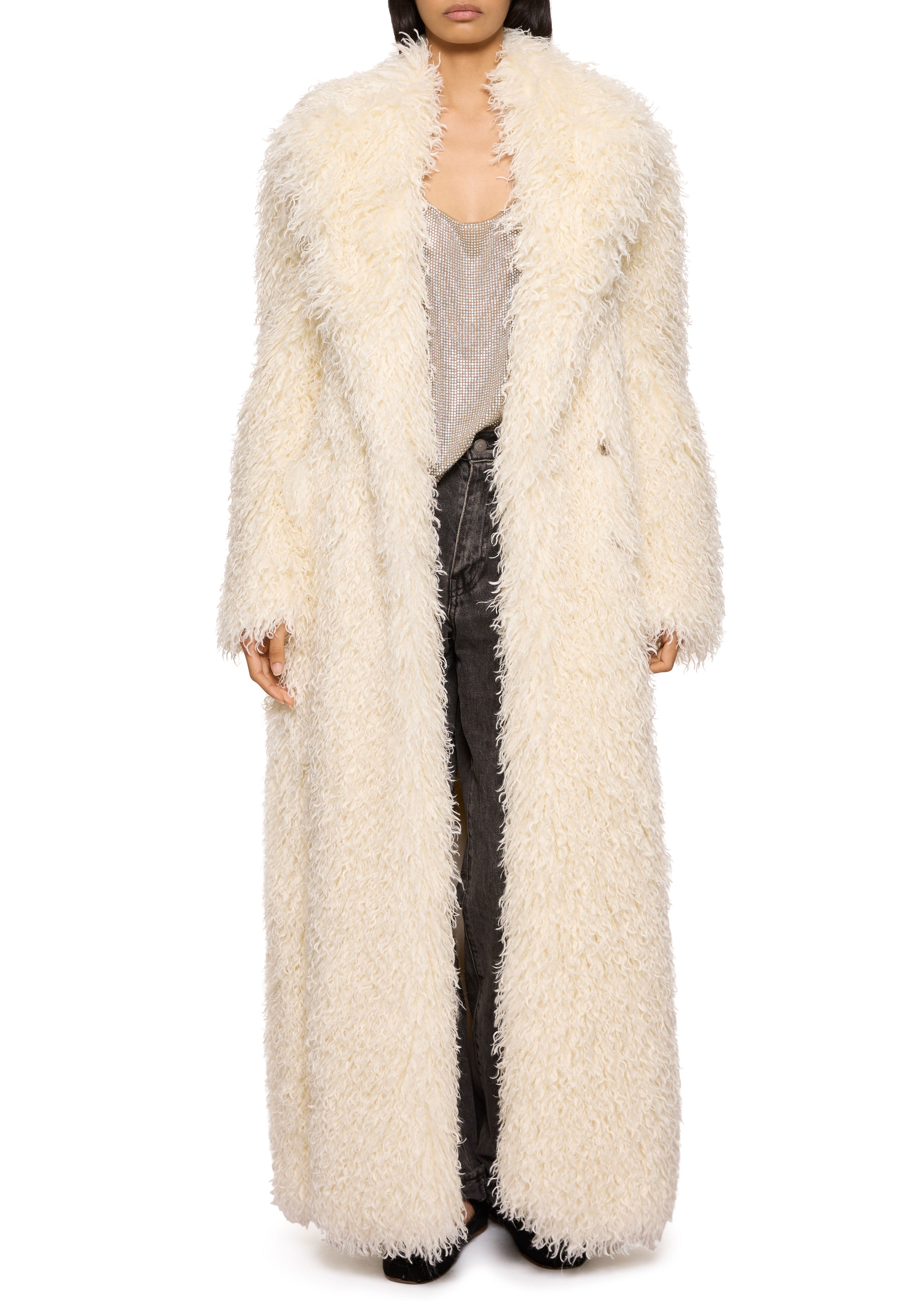 Mongolian faux fur coat white best sale