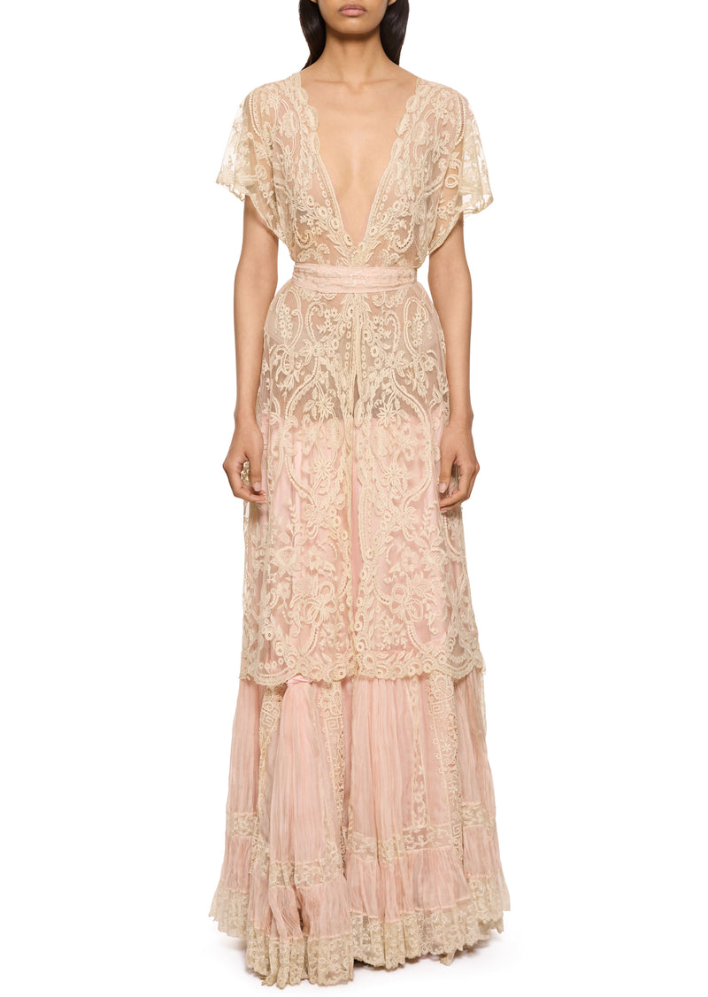 1920s Cream and Blush Intricate Lace Gown