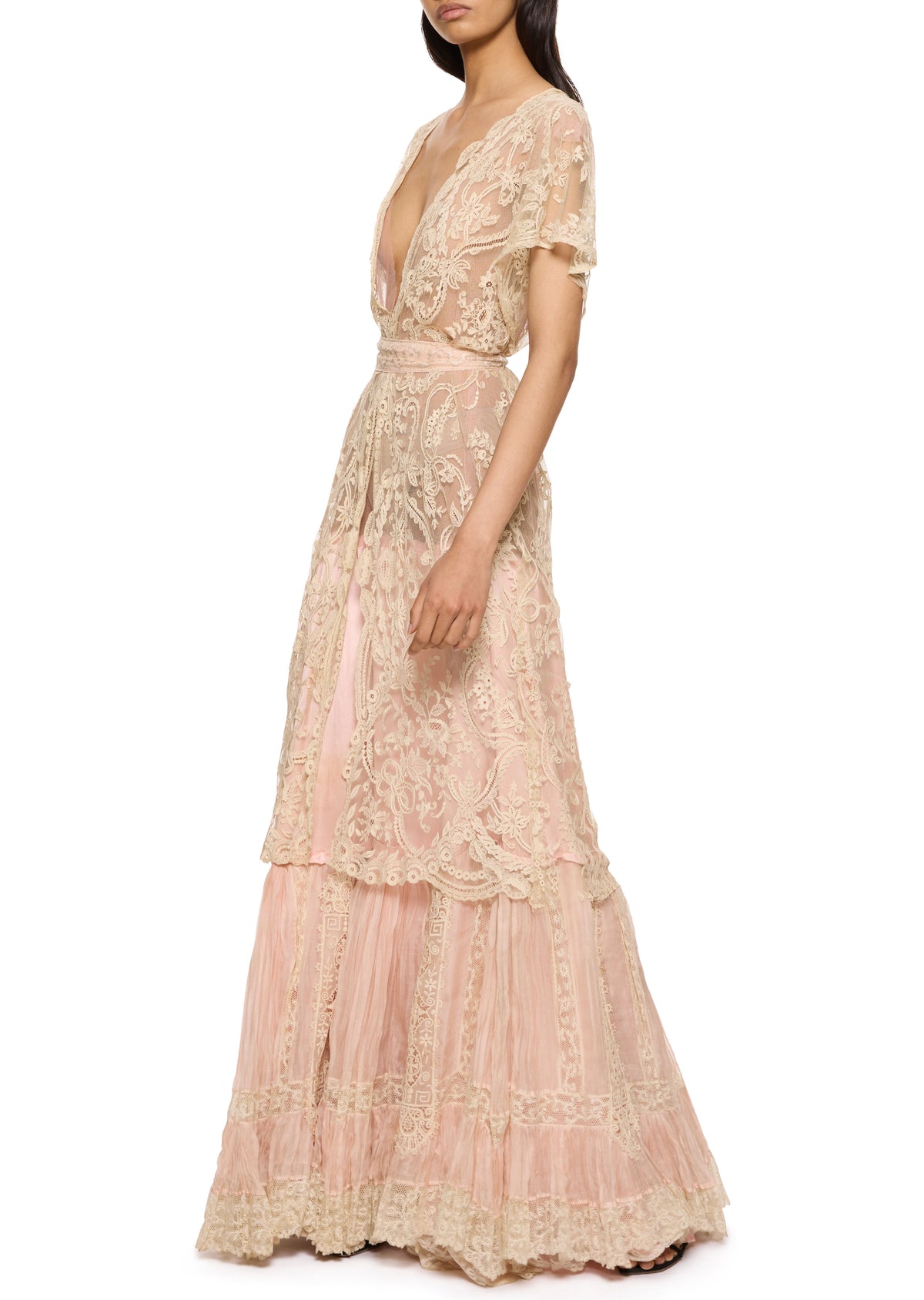 1920s Cream and Blush Intricate Lace Gown