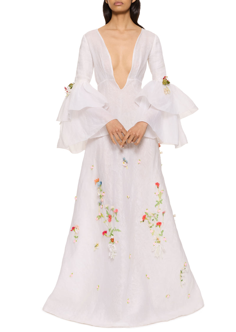 1970s Floral Bell Sleeve Wedding Dress