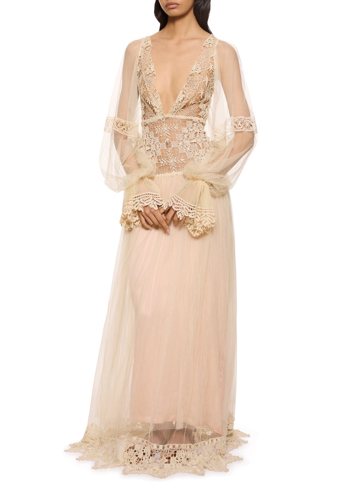 1930s Ivory Hand Crochet and Tulle Gown with Blush Under Skirt Annie's Ibiza Online 1930s Ivory Hand Crochet and Tulle Gown with Blush Under Skirt Annie's Ibiza Online
