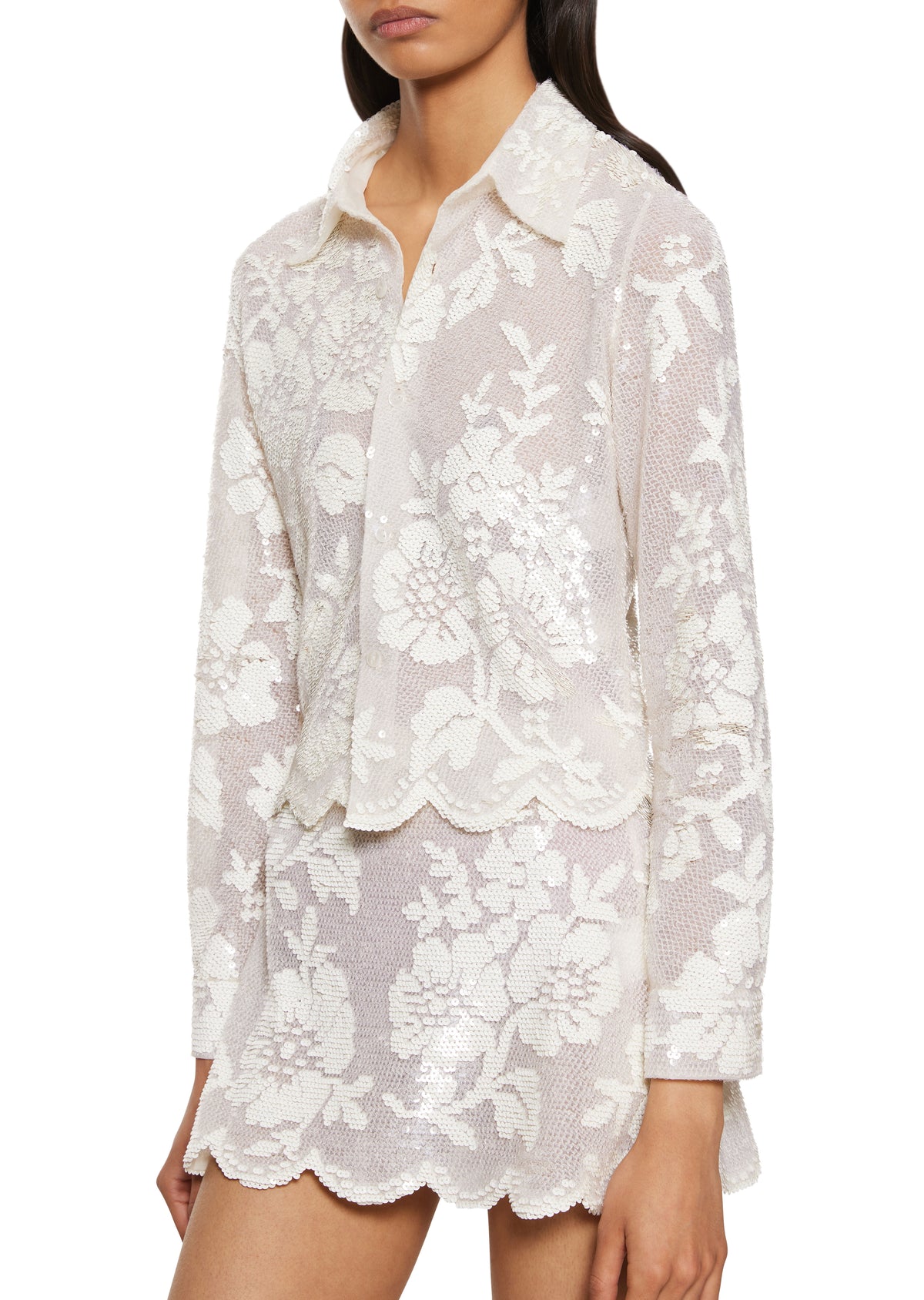 Sequin Lace Bias Shirt - White