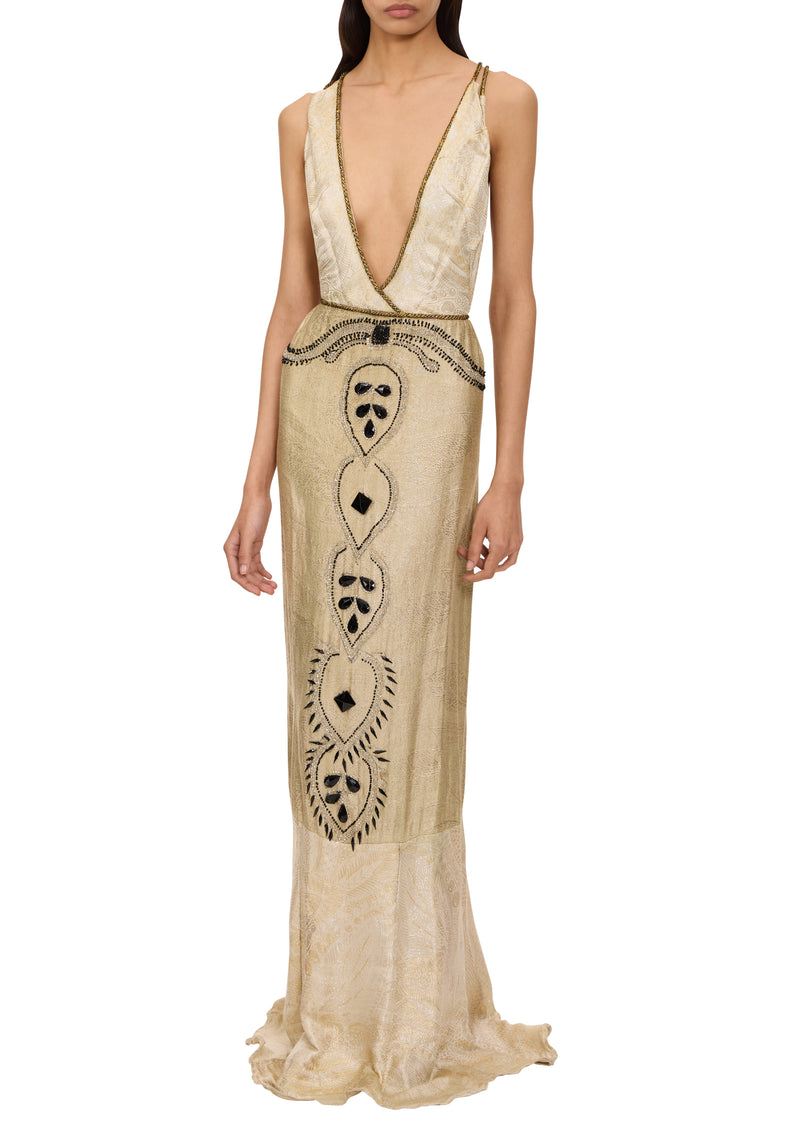 1920s Ivory and Gold  Metallic Gown