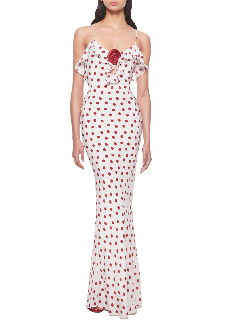 Esperanza Long Dress in Ivory Red Polka Dot