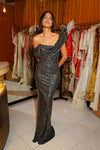 Studded Crystal Draped Gown - Black