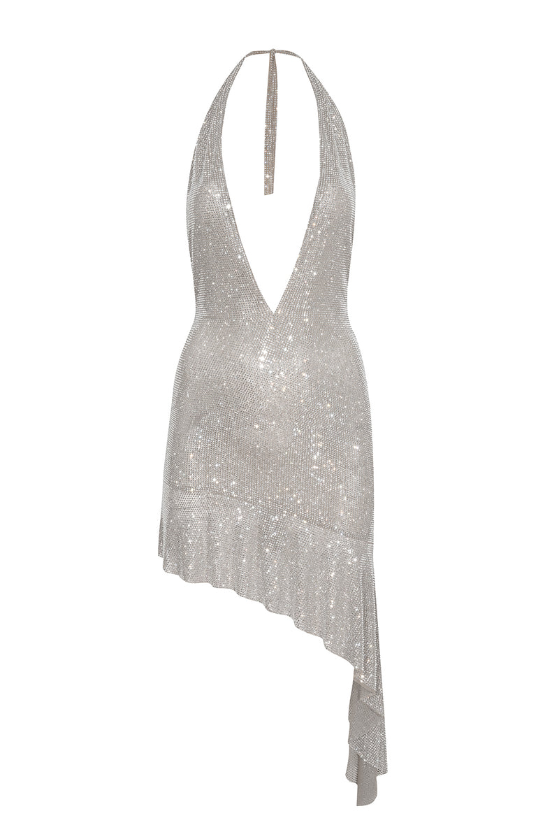 Silver Crystal Asymmetric Mini Dress