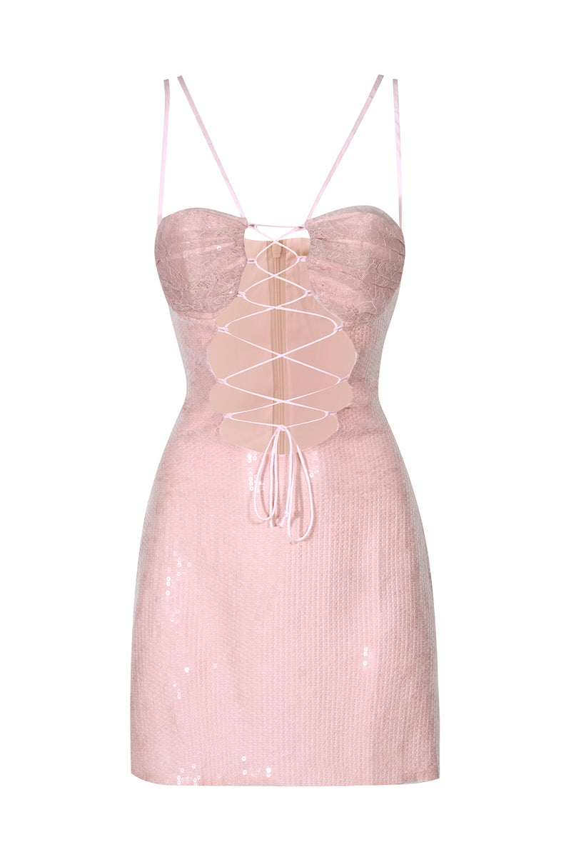 Pink Lace Up Pailette Mini Dress