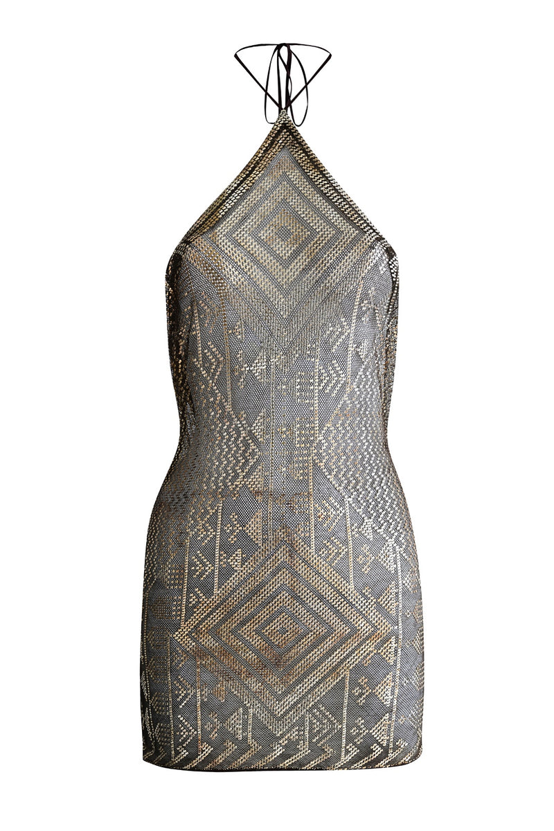 1920's Egyptian Bronze Diamond Halter Mini Dress