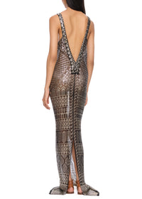 1920s Silver Geometric Chevron Egyptian Gown