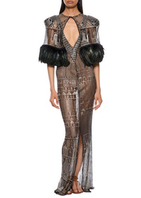 1920s Egyptian Geometric Gown with Feather Cape