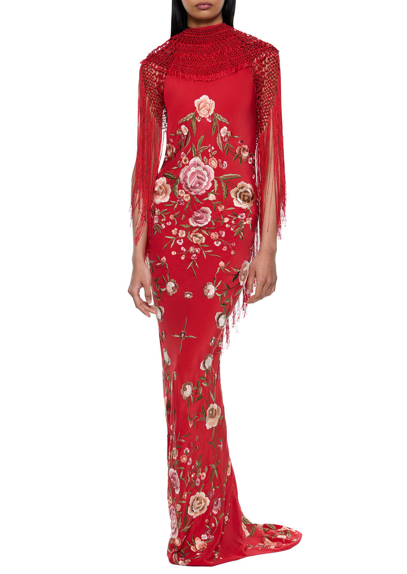 Red Demi Couture Piano Shawl Gown