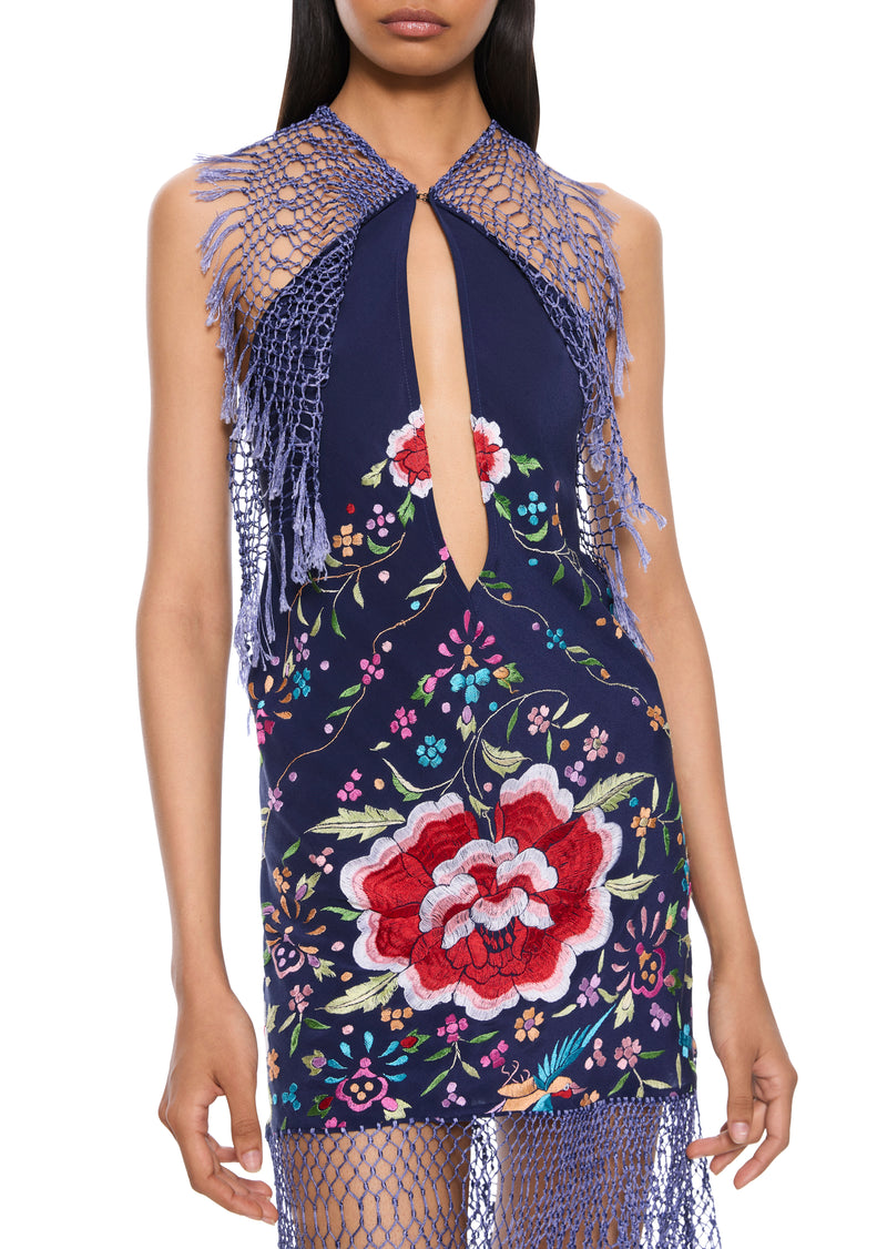 Ortensia Demi Couture Piano Shawl Halter Fringed Mini Dress