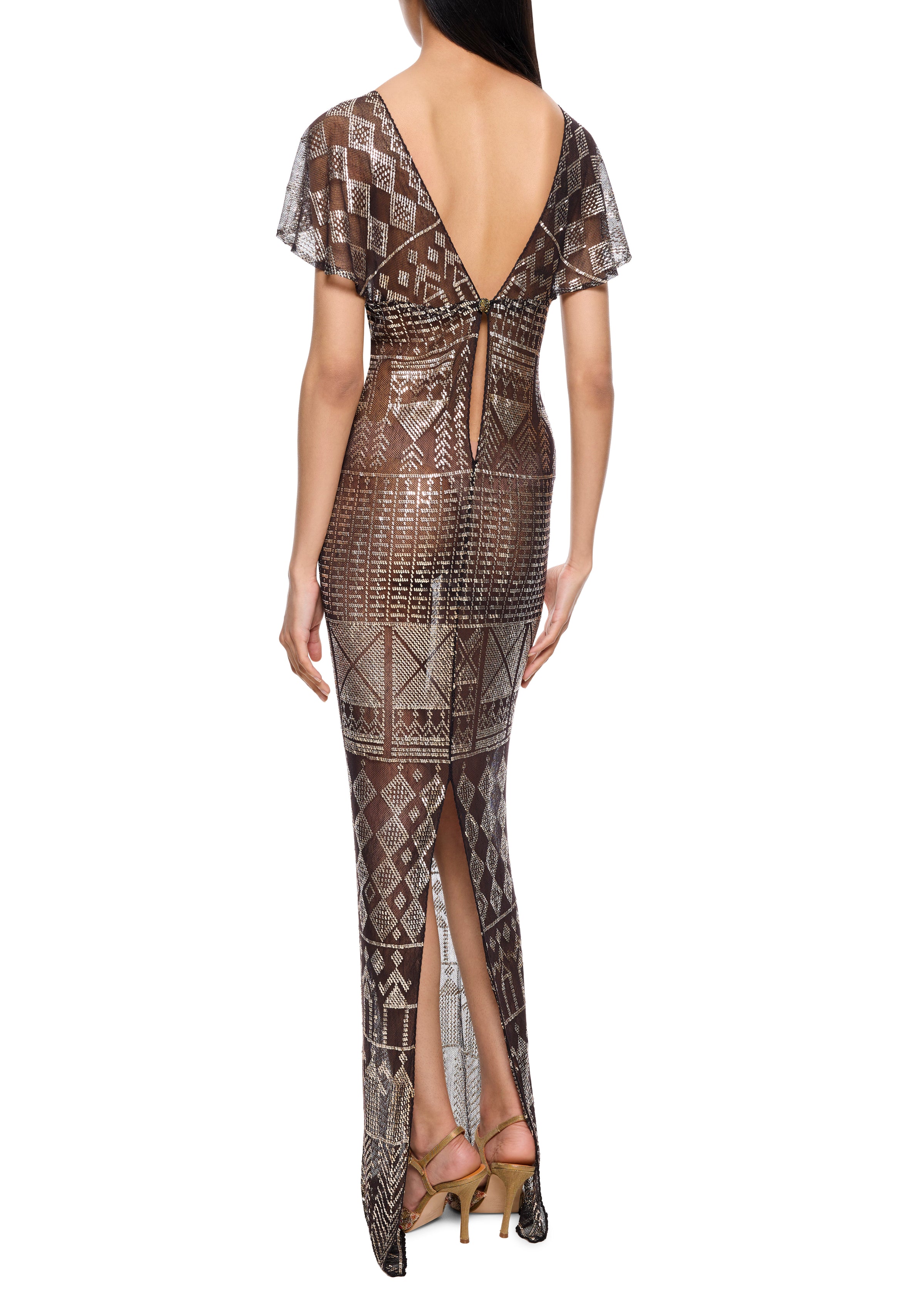 1920s Black and Silver Capped Sleeve Egyptian Gown