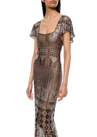 1920s Black and Silver Capped Sleeve Egyptian Gown