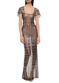 1920s Black and Silver Capped Sleeve Egyptian Gown