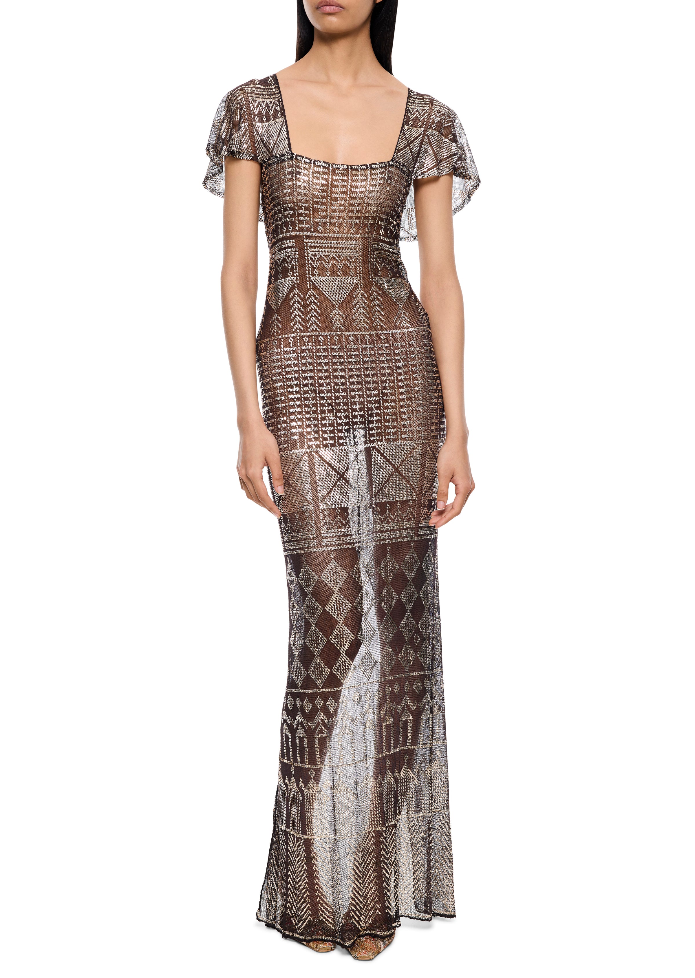 1920s Black and Silver Capped Sleeve Egyptian Gown