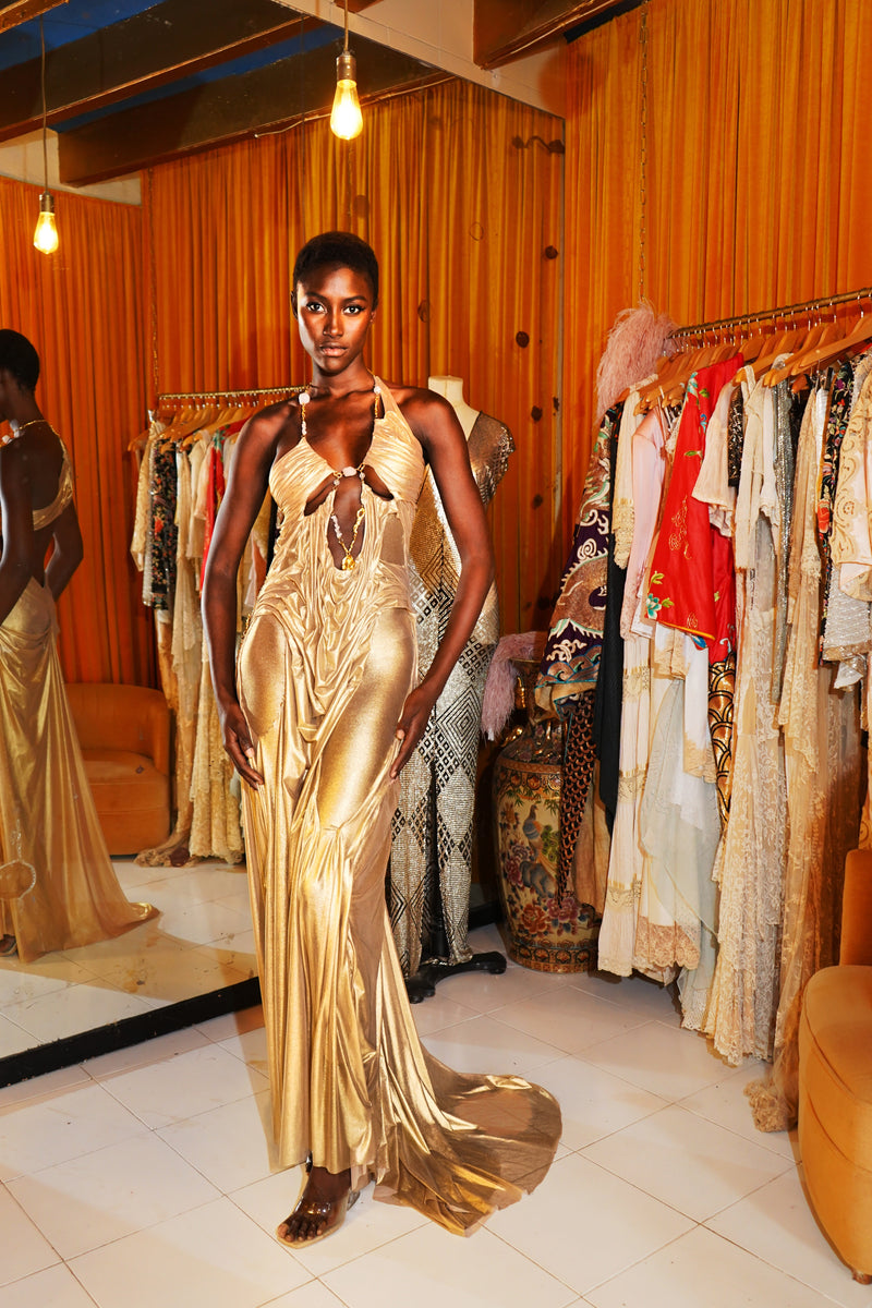 bariano gold dress Bariano - GOLD MEMBER The ALYSSA SCOOP PATTERN SEQUIN GOWN in rose gold / gold #bariano.com.au
