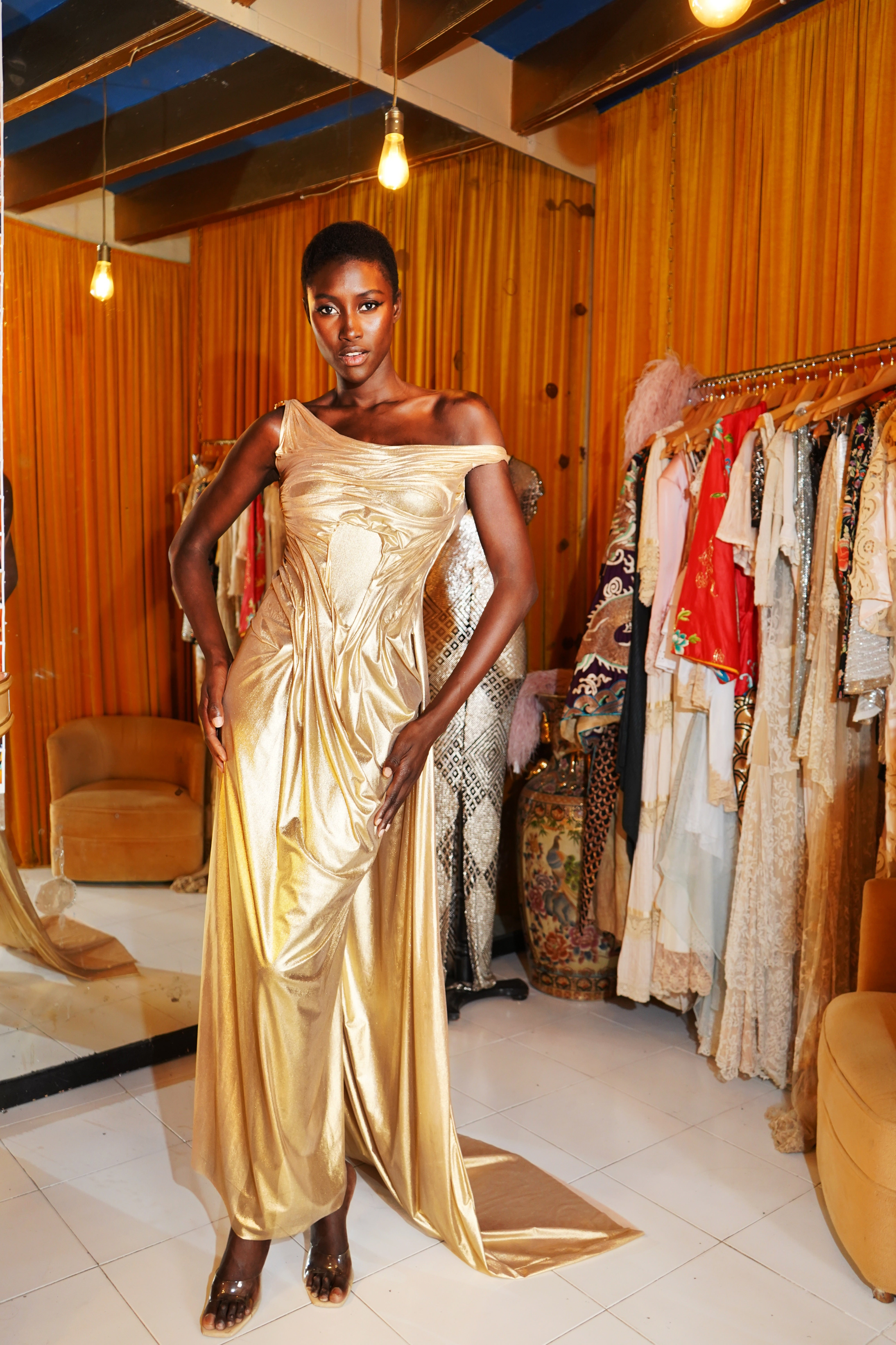 Long gold dress with split hotsell